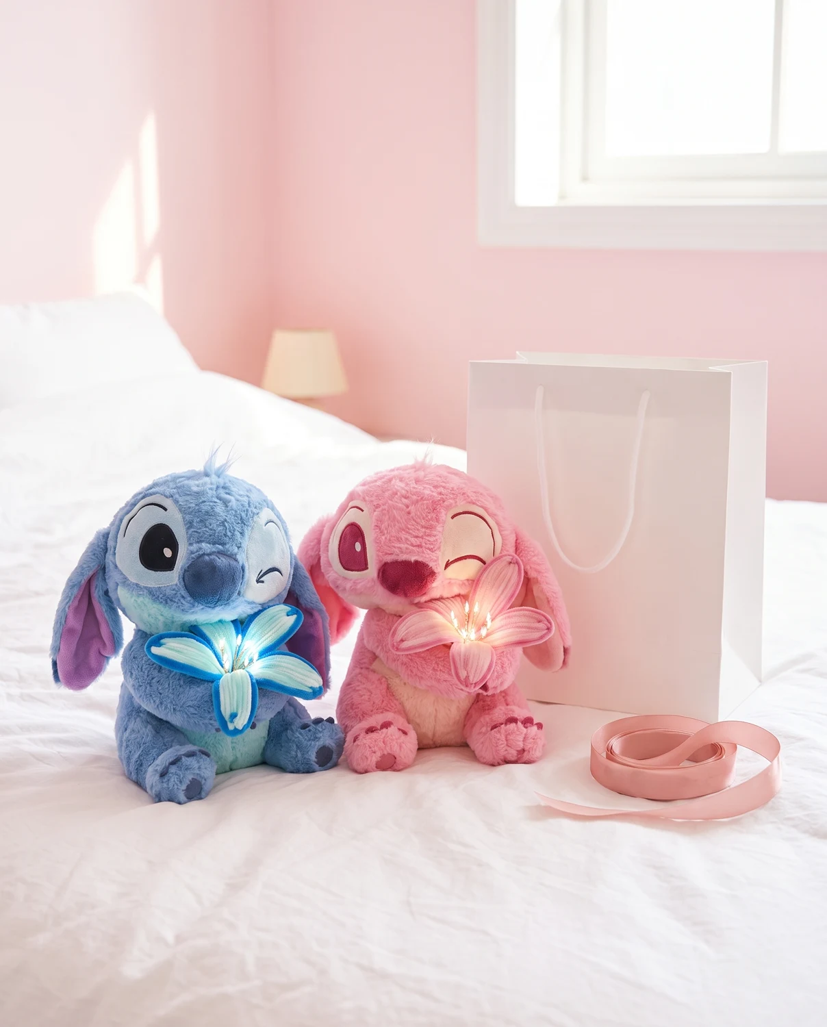 The pink and blue blooms styled beside a gift bag and ribbon
