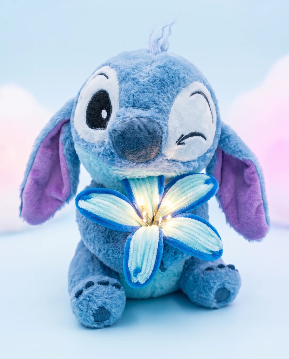 Close-up of Blue Bloom's glowing fabric flower