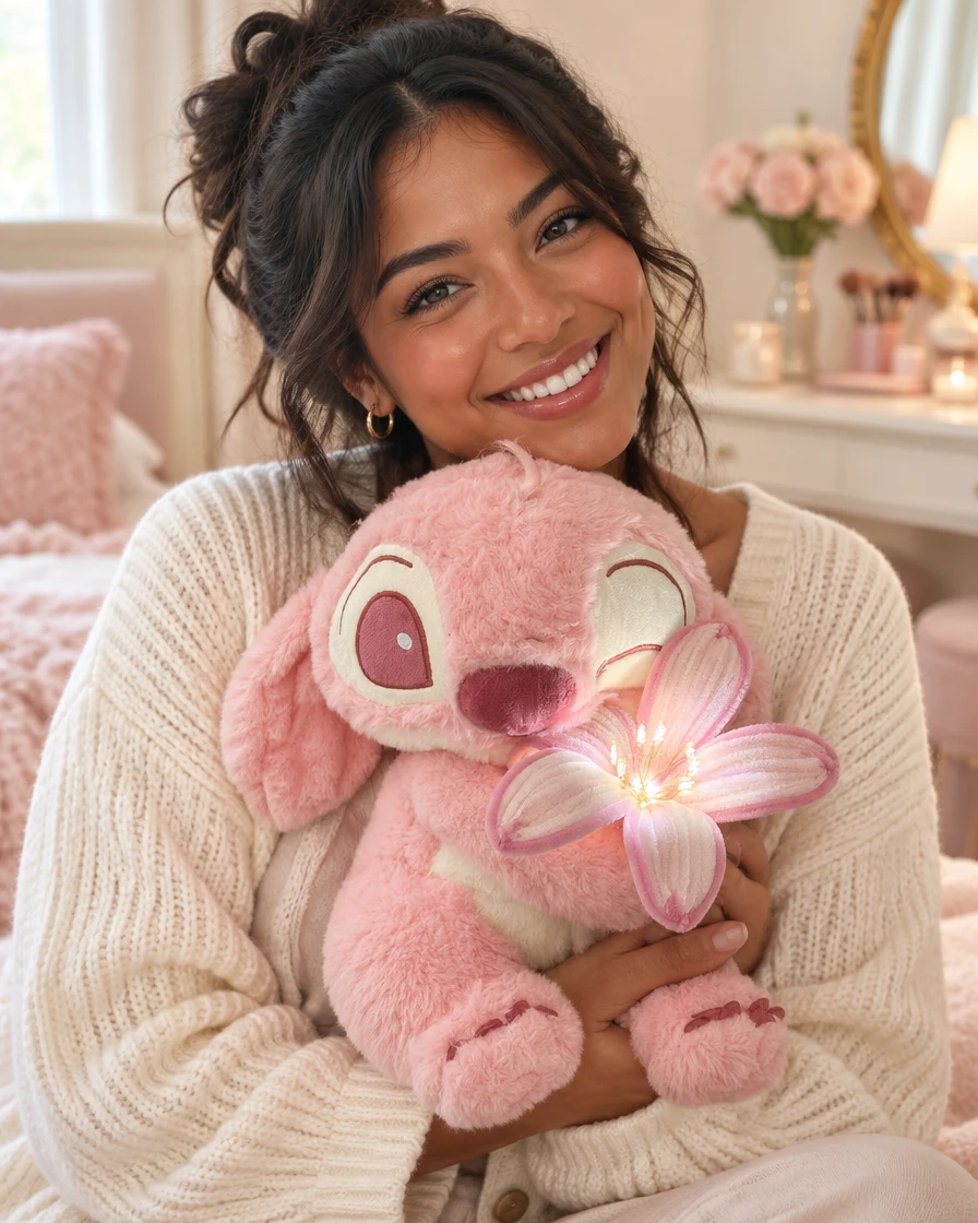 An adult woman smiling and holding Pink Bloom