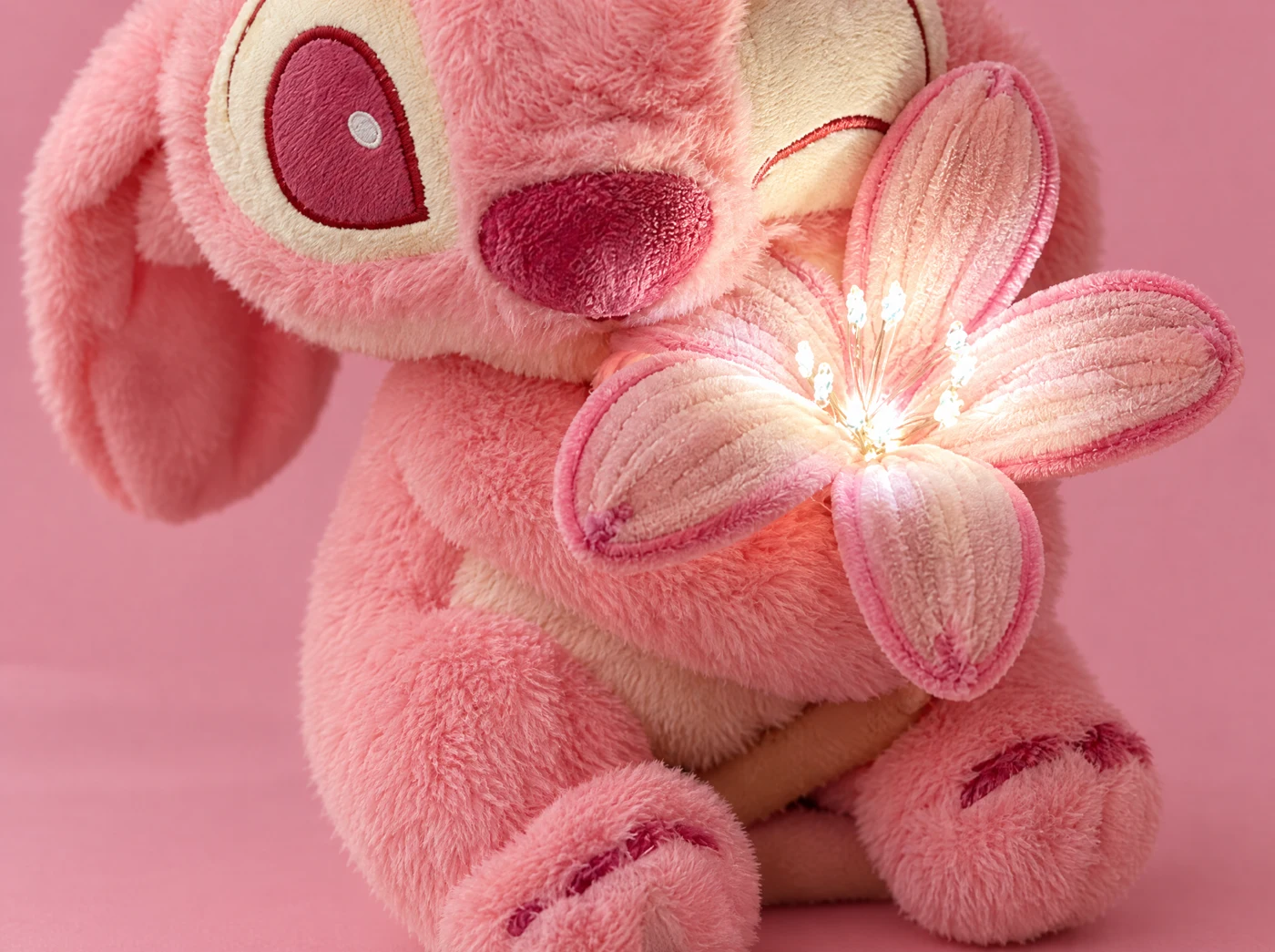 Close-up of the pink fabric flower with its glowing center
