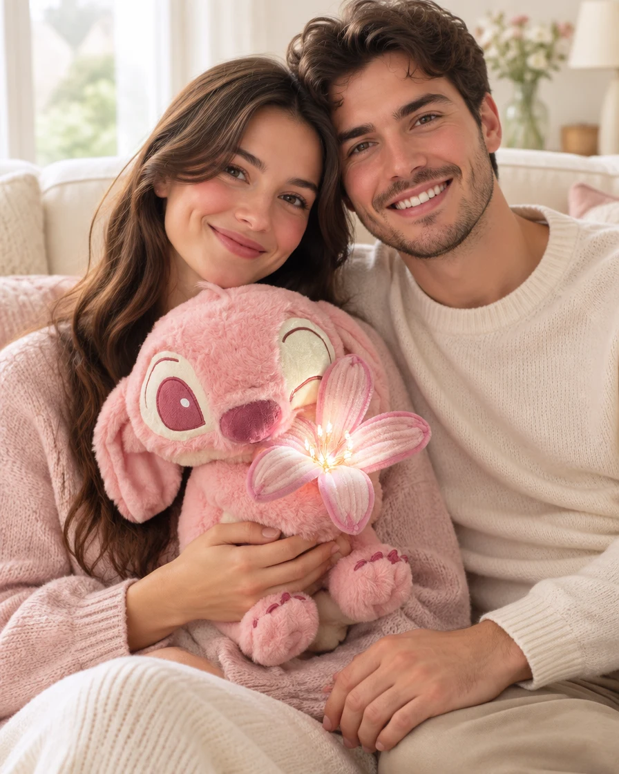 An adult couple smiling while holding Pink Bloom